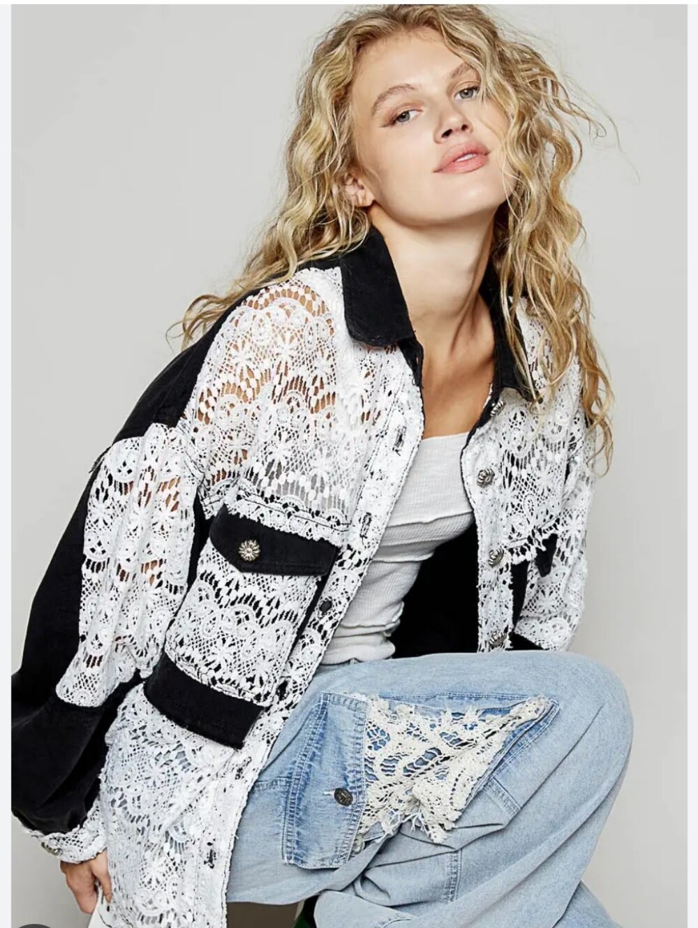 POL Lace Panel Black & White Denim Oversized Shirt/Jacket. Size Small.